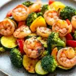 Air fryer shrimp vegetables - the image is a close-up of a plate of food. the plate is round and has a light grey speckled pattern. on top of the plate, there are several large shrimp arranged in a circular pattern. the shrimp are pink and appear to be seasoned with herbs and spices. the vegetables on the plate include zucchini, broccoli, red bell peppers, and yellow squash. the colors of the vegetables are vibrant and the dish looks fresh and appetizing.