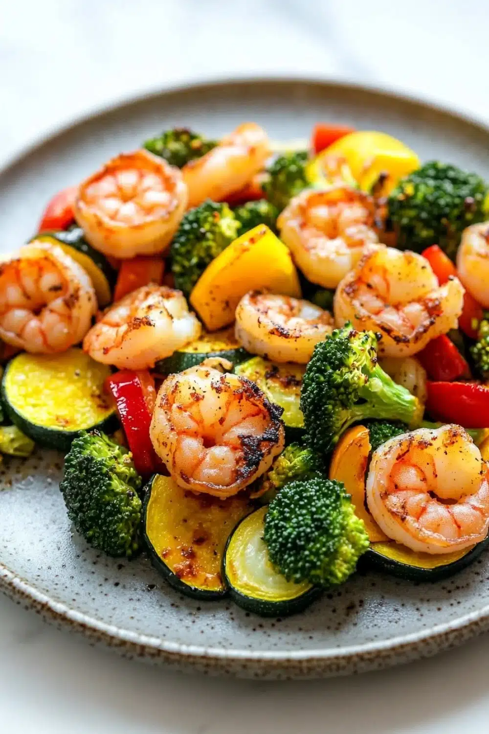 Air fryer shrimp vegetables - the image is a close-up of a plate of food. the plate is round and has a light grey speckled pattern. on top of the plate, there are several large shrimp arranged in a circular pattern. the shrimp are pink and appear to be seasoned with herbs and spices. the vegetables on the plate include zucchini, broccoli, red bell peppers, and yellow squash. the colors of the vegetables are vibrant and the dish looks fresh and appetizing.