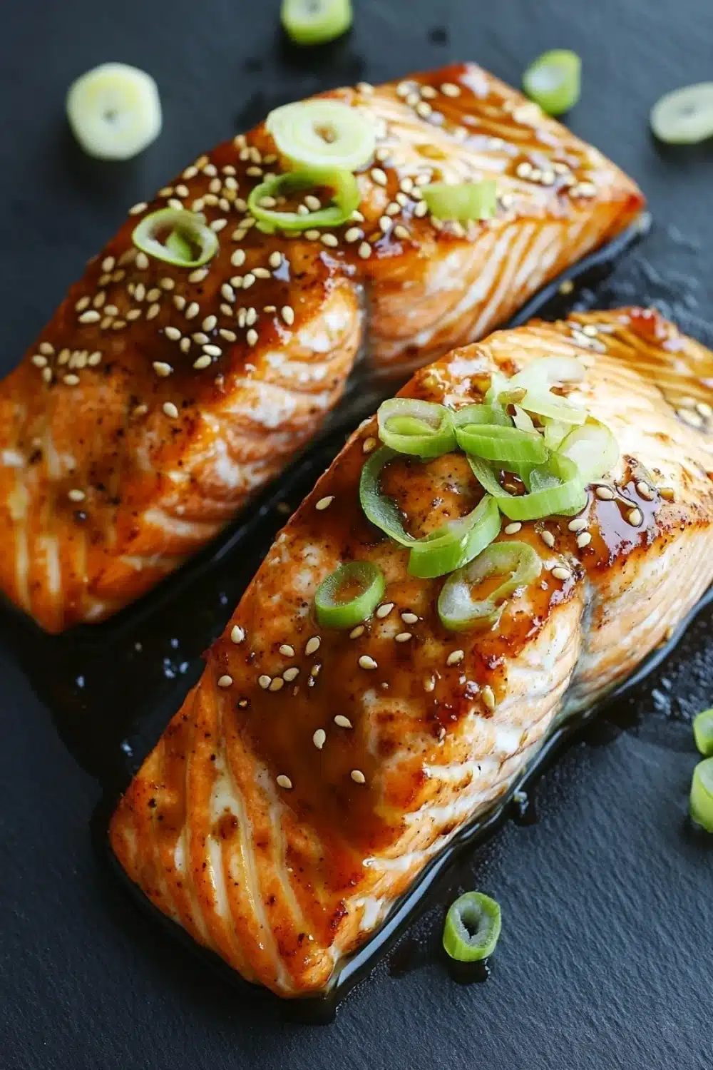 Air fryer teriyaki salmon - the image shows two pieces of salmon on a black slate plate. the salmon is cooked to a golden brown color and is covered in sesame seeds and green onions. the sauce is drizzled over the salmon, giving it a glossy sheen. there are also a few small pieces of sliced green onions scattered around the plate, adding a pop of color to the dish. the background is blurred, making the salmon the focal point of the image.