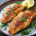 Air fryer tilapia thawed - the image shows two pieces of breaded fish fillets on a brown plate. the fillets are golden brown and appear to be seasoned with herbs and spices. there are two lemon wedges on the plate, one on each side, and a sprig of parsley on the side. the plate is sitting on a wooden table with a blurred background.
