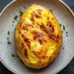 Air fryer yellow baked potato - the image is a close-up of a baked potato on a gray plate. the potato is golden brown and appears to be seasoned with herbs and spices. the top of the potato is covered in melted cheese, which is oozing out of the sides. the plate is garnished with chopped chives, adding a pop of green color to the dish. the background is a dark grey countertop.