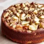Apple cake one bowl - the image is of a round cake on a wooden cutting board. the cake appears to be freshly baked and has a golden brown crust. on top of the cake, there are sliced apples arranged in a circular pattern, with some of them overlapping each other. the apples are cut into small cubes and are topped with a generous amount of chopped pecans. the background is blurred, but it seems to be a kitchen countertop.