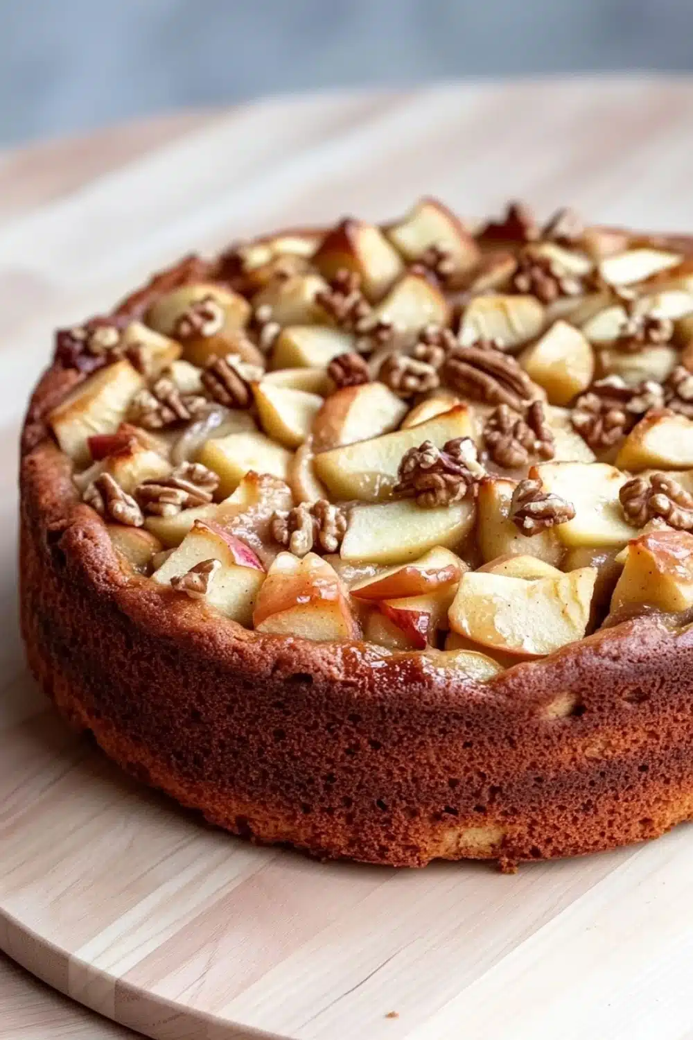 Apple cake one bowl - the image is of a round cake on a wooden cutting board. the cake appears to be freshly baked and has a golden brown crust. on top of the cake, there are sliced apples arranged in a circular pattern, with some of them overlapping each other. the apples are cut into small cubes and are topped with a generous amount of chopped pecans. the background is blurred, but it seems to be a kitchen countertop.