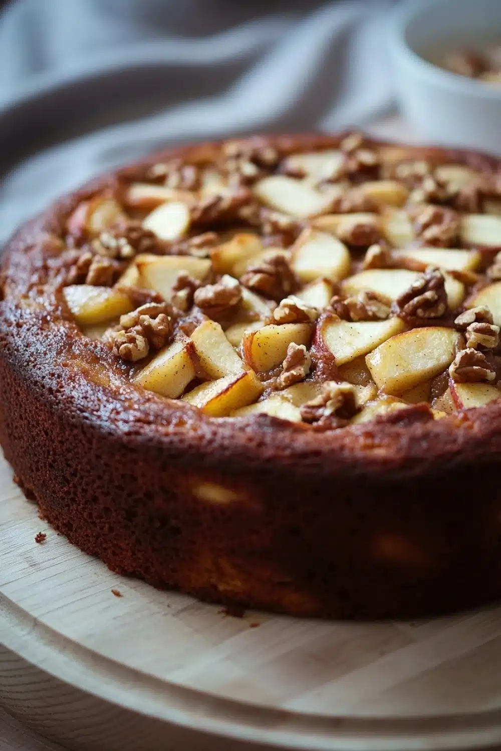 Apple cake yogurt - the image is of a round cake on a wooden cutting board. the cake appears to be a chocolate cake with a golden brown crust. on top of the cake, there are sliced apples arranged in a circular pattern, with some of them overlapping each other. the apples are cut into small cubes and are scattered throughout the cake. there are also some chopped nuts on top, adding a crunchy texture to the dish. in the background, there is a white bowl and a white cloth napkin, suggesting that the cake is being prepared for baking.