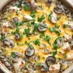 Baked chicken and wild rice casserole - the image is of a casserole dish filled with a creamy, yellow-colored dish. the dish appears to be made with chicken, mushrooms, and other ingredients, and is topped with melted cheese and garnished with fresh cilantro. the casserolle is sitting in a white ceramic baking dish with a wooden table in the background. there are a few sprigs of parsley scattered around the dish, adding a pop of green color.