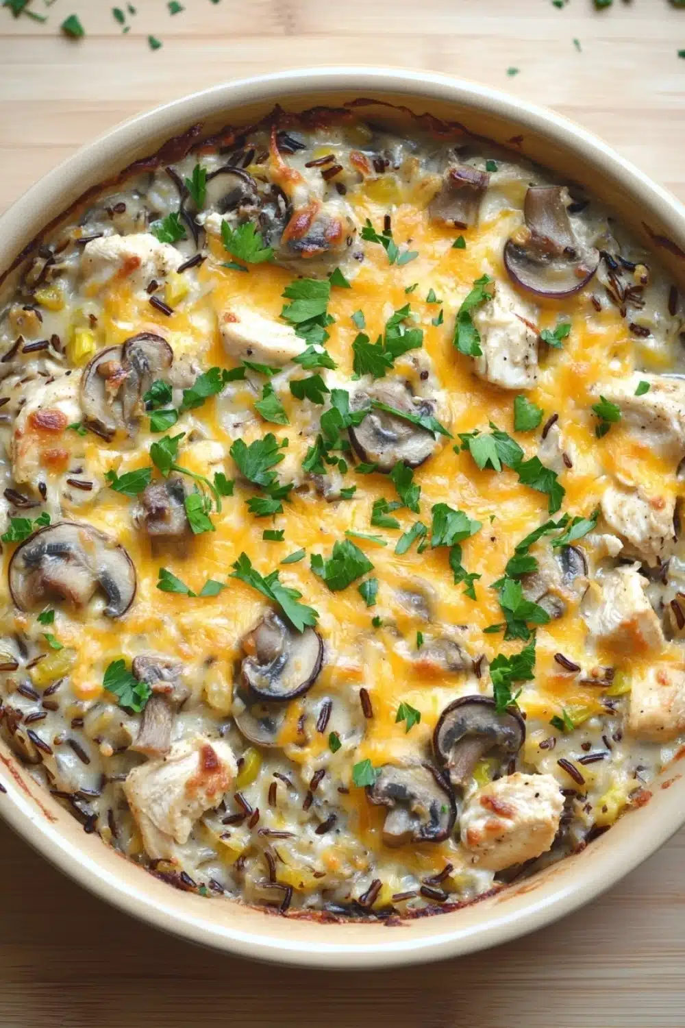 Baked chicken and wild rice casserole - the image is of a casserole dish filled with a creamy, yellow-colored dish. the dish appears to be made with chicken, mushrooms, and other ingredients, and is topped with melted cheese and garnished with fresh cilantro. the casserolle is sitting in a white ceramic baking dish with a wooden table in the background. there are a few sprigs of parsley scattered around the dish, adding a pop of green color.