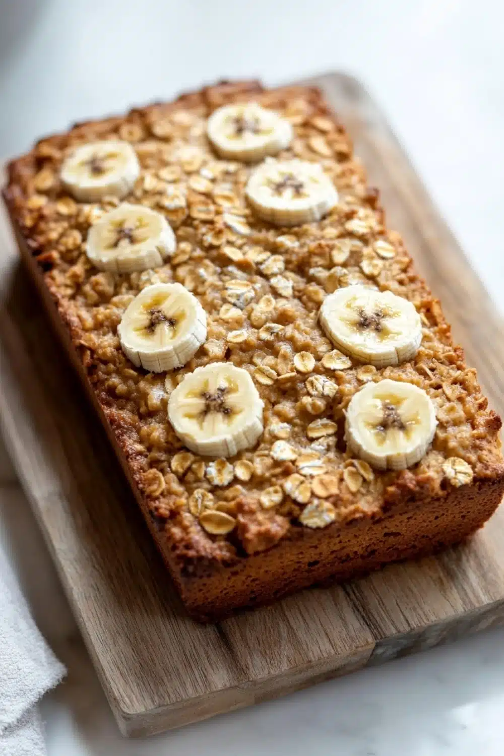 Banana bread baked oatmeal - the image shows a rectangular loaf of bread on a wooden cutting board. the bread appears to be freshly baked and has a golden brown crust on top. on top of the bread, there are several sliced bananas arranged in a circular pattern. the bananas are cut into thin slices and are placed on top of a layer of oats. the oats are scattered throughout the bread and are a light brown color. the cutting board is placed on a white marble countertop with a white towel on the side.