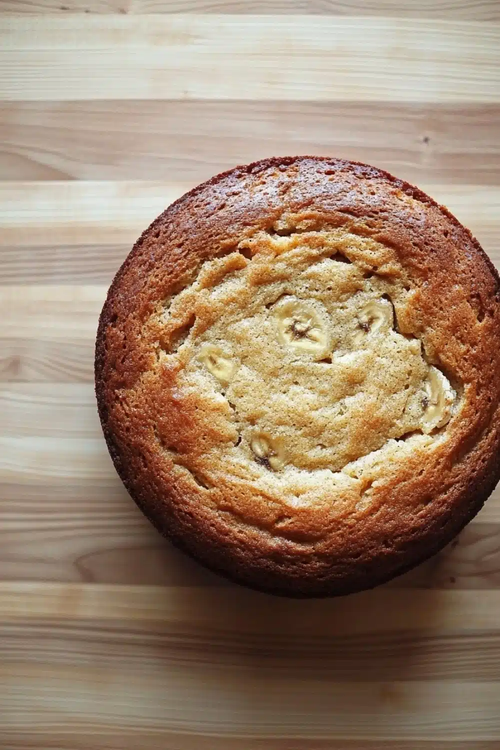 Banana cake toddler - the image is a close-up of a round cake on a wooden surface. the cake appears to be freshly baked and has a golden brown crust on top. the center of the cake is filled with a creamy, light-colored filling, which looks like banana slices. the filling is spread evenly across the cake, creating a swirl pattern. the background is blurred, making the cake the focal point of the image.