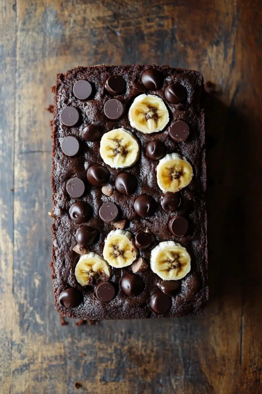 Banana chocolate cake - the image is a close-up of a rectangular piece of chocolate cake on a wooden surface. the cake appears to be freshly baked and has a rich, dark brown color. on top of the cake, there are several sliced bananas arranged in a circular pattern. the bananas are cut into small pieces and are scattered around the cake. there are also a few chocolate chips scattered around them. the chocolate chips are dark brown and appear to be coated in chocolate. the background is blurred, making the cake the focal point of the image.