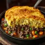 Beef casserole with cornbread topping - the image shows a freshly baked shepherd's pie in a black cast iron skillet. the pie has a golden brown crust on top and is filled with ground beef, peas, carrots, and other vegetables. the skillet is sitting on a wooden cutting board with a spoon resting on the side. the background is blurred, but it appears to be a rustic kitchen countertop.