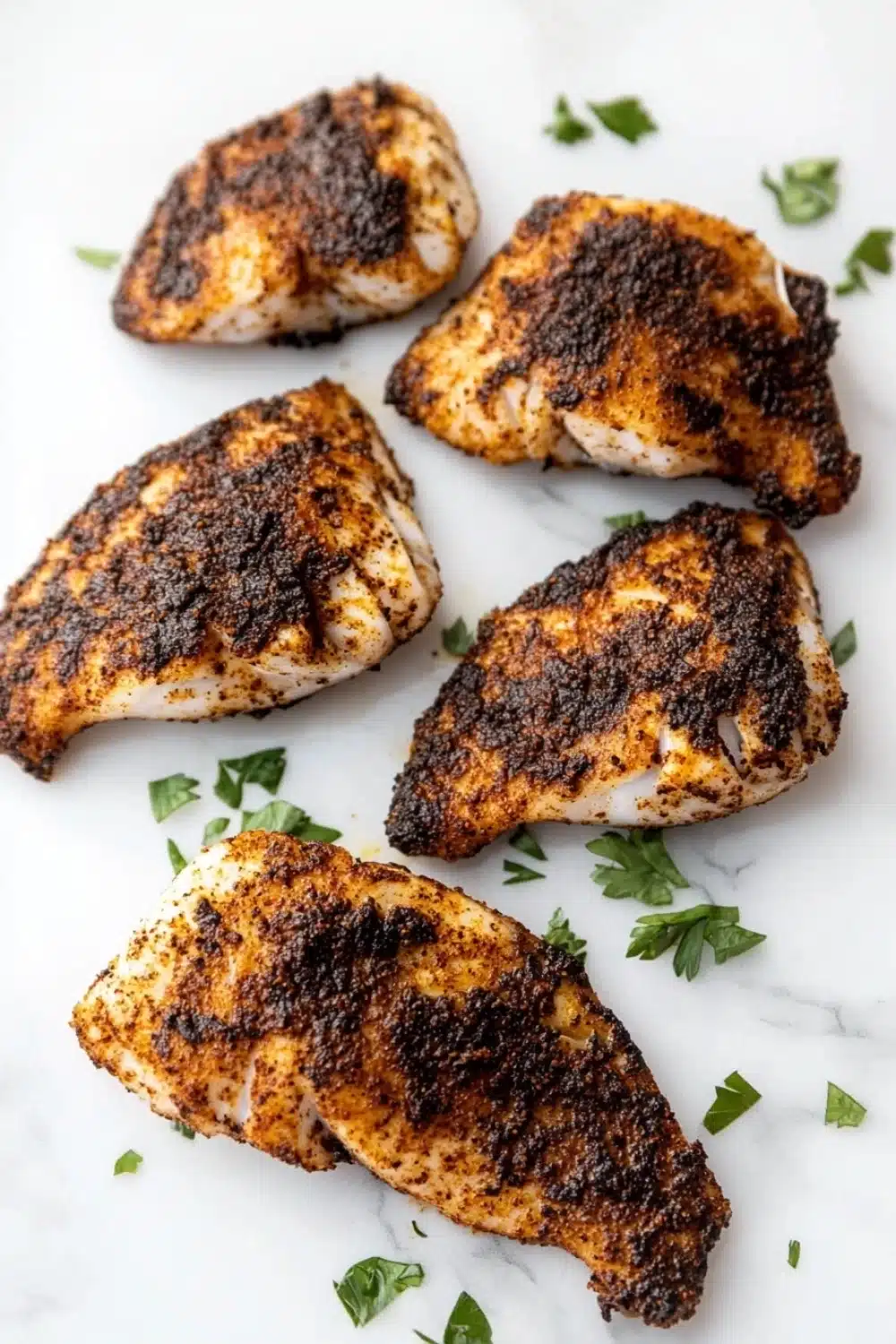 Blackened tilapia in air fryer - the image shows four pieces of grilled chicken breasts on a white marble surface. the chicken breasts are golden brown and appear to be seasoned with herbs and spices. there are also a few sprigs of parsley scattered around the surface, adding a pop of green color to the dish. the background is blurred, making the chicken breasts the focal point of the image.