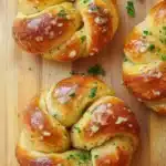 Bread knots - the image shows three freshly baked braided breads on a wooden cutting board. the breads are golden brown in color and have a soft, fluffy texture. they are arranged in a triangular formation, with the largest one in the center and two smaller ones on either side. the top of the bread is covered in a sprinkle of chopped parsley, adding a pop of green color to the dish. the cutting board is a light-colored wood, and there are a few sprigs of parsley scattered around the cutting board, suggesting that the bread has been freshly baked.