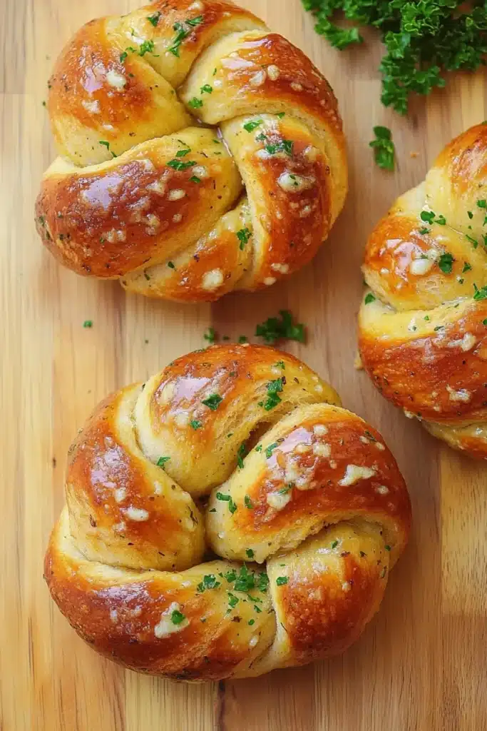 Bread knots - the image shows three freshly baked braided breads on a wooden cutting board. the breads are golden brown in color and have a soft, fluffy texture. they are arranged in a triangular formation, with the largest one in the center and two smaller ones on either side. the top of the bread is covered in a sprinkle of chopped parsley, adding a pop of green color to the dish. the cutting board is a light-colored wood, and there are a few sprigs of parsley scattered around the cutting board, suggesting that the bread has been freshly baked.