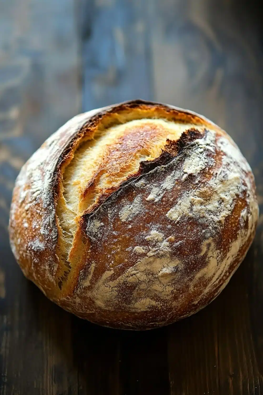 Bread with self rising flour - the image is a close-up of a freshly baked loaf of bread on a wooden surface. the bread appears to be freshly baked, with a golden brown crust and a soft, fluffy interior. the edges of the bread are slightly curled, indicating that it has been freshly baked. the loaf is resting on a dark, textured surface, possibly a table or countertop. the background is blurred, making the bread the focal point of the image.
