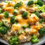 Cheesy chicken broccoli rice casserole one pot - the image shows a plate of food with a serving of rice and broccoli. the rice appears to be cooked and has chunks of chicken and broccoli mixed in with a creamy orange sauce. the sauce is drizzled over the top of the rice and is garnished with chopped parsley. the plate is sitting on a dark countertop with a few more broccoli florets scattered around it. the background is blurred, but it seems to be a kitchen countertop.