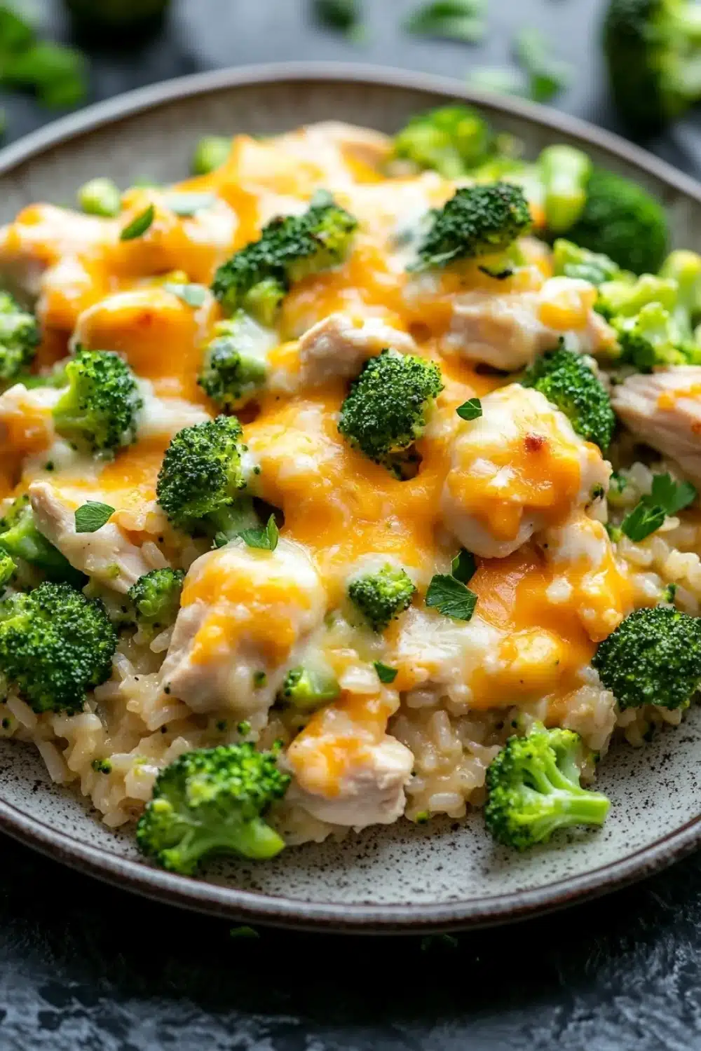 Cheesy chicken broccoli rice casserole one pot - the image shows a plate of food with a serving of rice and broccoli. the rice appears to be cooked and has chunks of chicken and broccoli mixed in with a creamy orange sauce. the sauce is drizzled over the top of the rice and is garnished with chopped parsley. the plate is sitting on a dark countertop with a few more broccoli florets scattered around it. the background is blurred, but it seems to be a kitchen countertop.