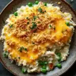 Cheesy chicken casserole - the image is a close-up of a dish in a brown ceramic bowl. the dish appears to be a casserole or macaroni and cheese dish, with chunks of chicken and peas mixed in. the top of the dish is covered in a layer of melted cheese, which is golden brown and bubbly. there are also a sprinkle of chopped parsley on top, adding a pop of green color to the dish. the bowl is sitting on a dark grey countertop, and there are a few sprigs of parsley scattered around the bowl.