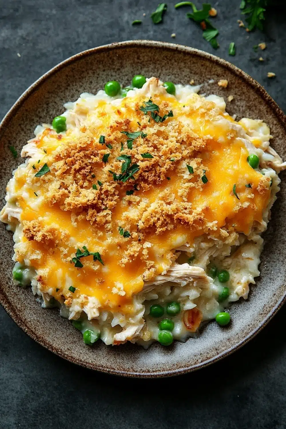 Cheesy chicken casserole - the image is a close-up of a dish in a brown ceramic bowl. the dish appears to be a casserole or macaroni and cheese dish, with chunks of chicken and peas mixed in. the top of the dish is covered in a layer of melted cheese, which is golden brown and bubbly. there are also a sprinkle of chopped parsley on top, adding a pop of green color to the dish. the bowl is sitting on a dark grey countertop, and there are a few sprigs of parsley scattered around the bowl.