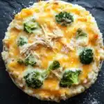 Cheesy rotisserie chicken broccoli rice casserole - the image is a close-up of a dish on a black slate surface. the dish appears to be a casserole or dip, with a layer of melted cheese on top. the cheese is a bright yellow color and is spread evenly over the top of the dish. there are small pieces of broccoli scattered throughout the dish, adding a pop of green color to the otherwise yellow-orange color. the broccoli is cut into small pieces and is arranged in a circular pattern around the cheese. there is also a sprinkle of grated cheese on the surface, giving the dish a textured appearance.
