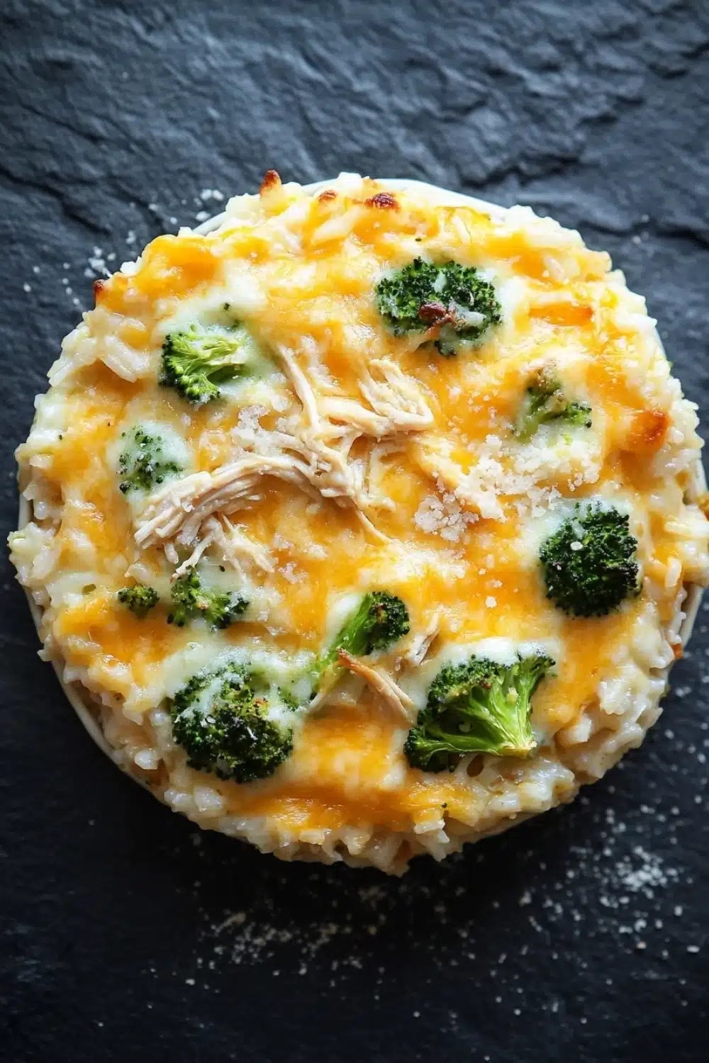 Cheesy rotisserie chicken broccoli rice casserole - the image is a close-up of a dish on a black slate surface. the dish appears to be a casserole or dip, with a layer of melted cheese on top. the cheese is a bright yellow color and is spread evenly over the top of the dish. there are small pieces of broccoli scattered throughout the dish, adding a pop of green color to the otherwise yellow-orange color. the broccoli is cut into small pieces and is arranged in a circular pattern around the cheese. there is also a sprinkle of grated cheese on the surface, giving the dish a textured appearance.