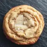 Chewy honey cookie - the image is a close-up of a single cookie on a black textured surface. the cookie appears to be freshly baked and has a golden-brown color. it has a swirl pattern on top, with small pieces of peanut butter scattered throughout. the peanut butter is a light beige color and looks soft and fluffy. the edges of the cookie are slightly curled, giving it a textured appearance. the background is blurred, making the cookie the focal point of the image.