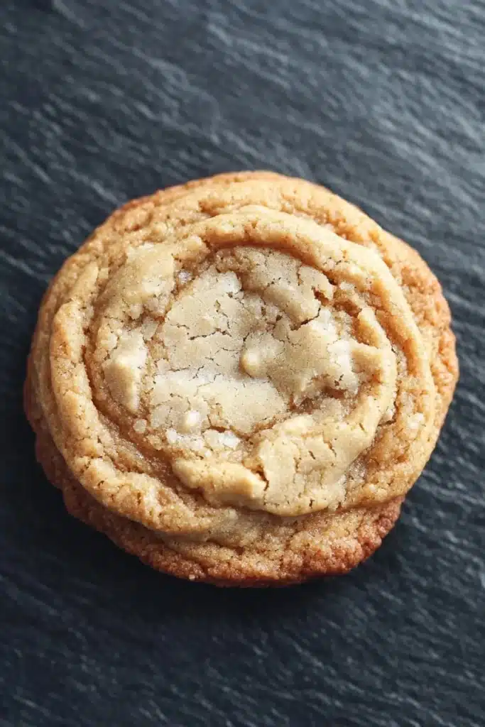 Chewy honey cookie - the image is a close-up of a single cookie on a black textured surface. the cookie appears to be freshly baked and has a golden-brown color. it has a swirl pattern on top, with small pieces of peanut butter scattered throughout. the peanut butter is a light beige color and looks soft and fluffy. the edges of the cookie are slightly curled, giving it a textured appearance. the background is blurred, making the cookie the focal point of the image.