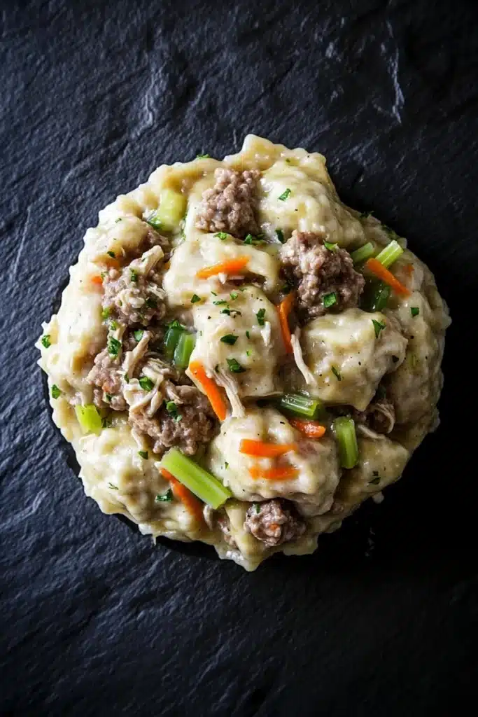 Chicken and beef dumplings crockpot freezer meal - the image is a close-up of a dish on a black slate plate. the dish appears to be a type of ravioli, with a creamy white sauce on top. the sauce is drizzled over the top of the raviolis and is garnished with chopped green onions, carrots, and chunks of meat. the meat is cooked to a medium-rare and looks tender and juicy. the plate is round and has a smooth texture.