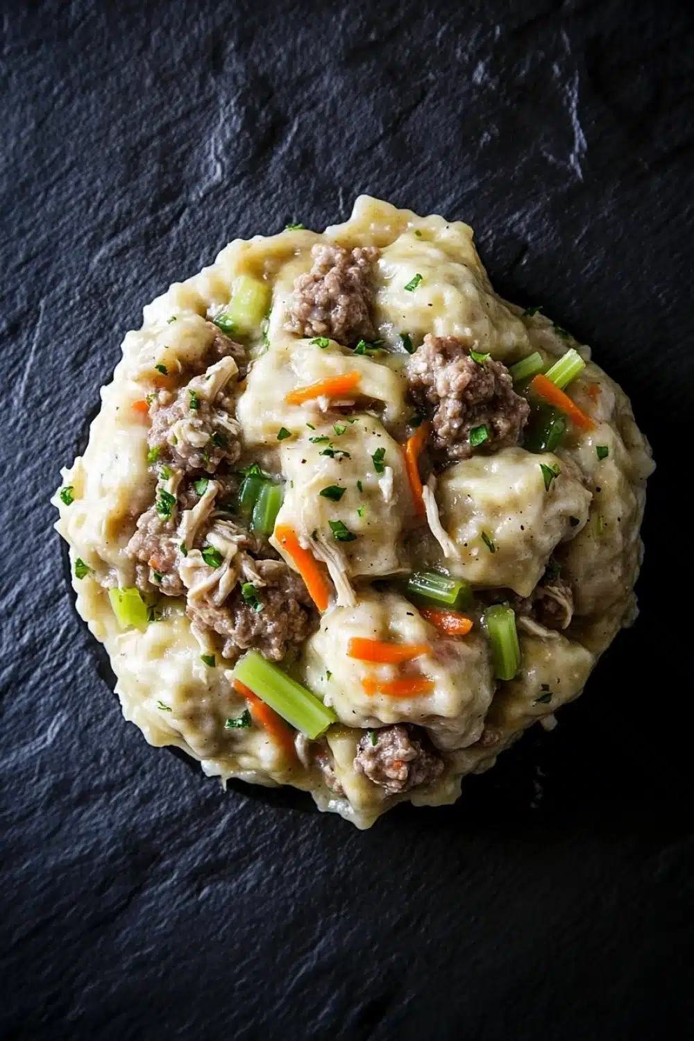 Chicken and beef dumplings crockpot freezer meal - the image is a close-up of a dish on a black slate plate. the dish appears to be a type of ravioli, with a creamy white sauce on top. the sauce is drizzled over the top of the raviolis and is garnished with chopped green onions, carrots, and chunks of meat. the meat is cooked to a medium-rare and looks tender and juicy. the plate is round and has a smooth texture.