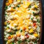 Chicken and rice with veggies casserole oven - the image shows a rectangular brown ceramic baking dish filled with a dish of rice and vegetables. the dish appears to be a casserole or rice dish with chunks of chicken and vegetables mixed in with a layer of melted cheese on top. the cheese is yellow and orange in color and is spread evenly over the top of the dish. the vegetables include carrots, peas, and bell peppers. the rice is white and fluffy, and the dish looks freshly cooked and ready to eat. the background is a dark grey countertop.