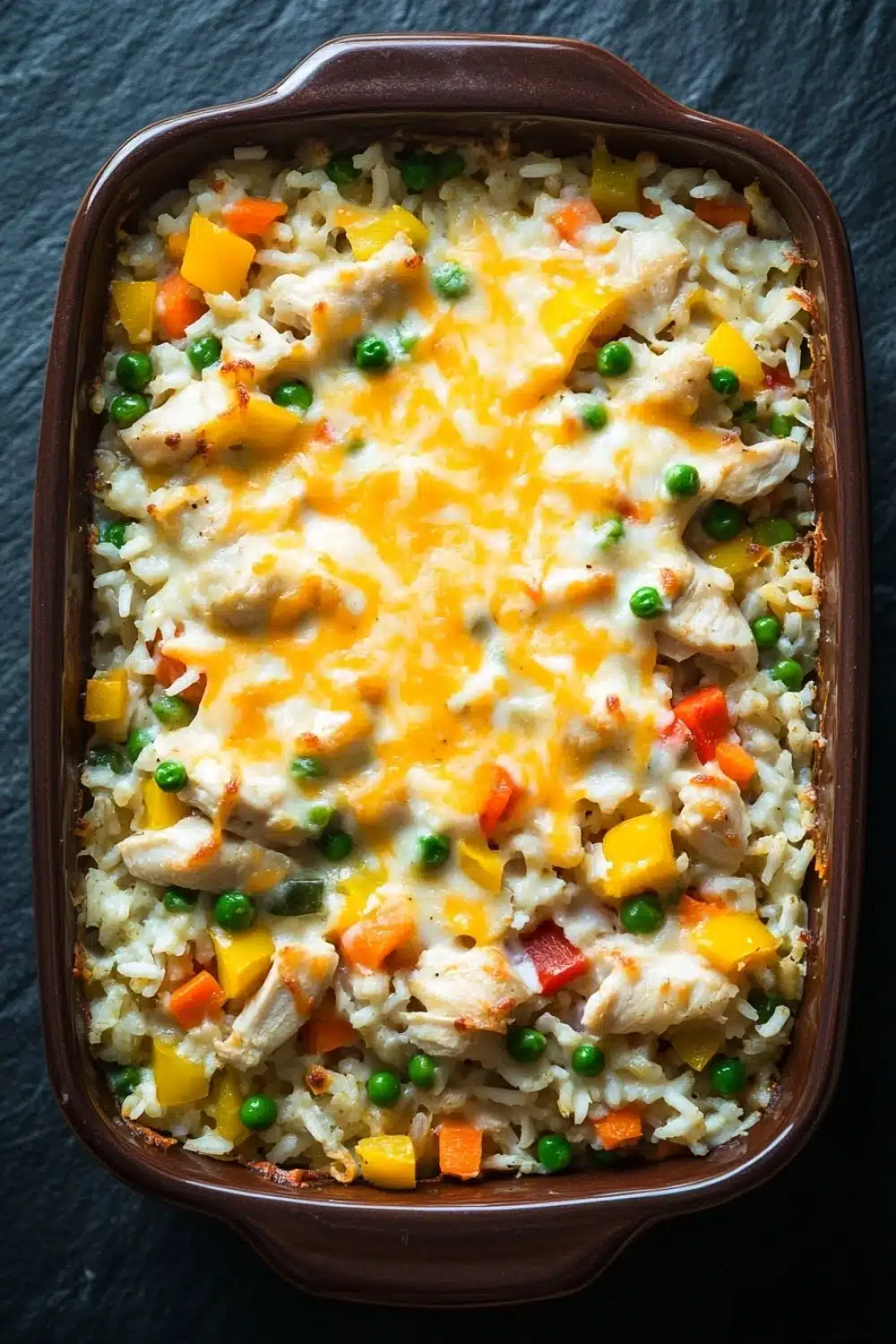 Chicken and rice with veggies casserole oven - the image shows a rectangular brown ceramic baking dish filled with a dish of rice and vegetables. the dish appears to be a casserole or rice dish with chunks of chicken and vegetables mixed in with a layer of melted cheese on top. the cheese is yellow and orange in color and is spread evenly over the top of the dish. the vegetables include carrots, peas, and bell peppers. the rice is white and fluffy, and the dish looks freshly cooked and ready to eat. the background is a dark grey countertop.