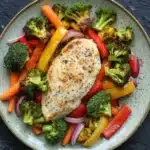 Chicken and vegetables freezer meal - the image is a close-up of a plate of food. the plate is round and has a light green rim. on the plate, there is a piece of grilled chicken breast with black sesame seeds on top. the chicken breast is surrounded by a bed of mixed vegetables, including broccoli, red and yellow bell peppers, and orange carrots. the vegetables are arranged in a colorful and appetizing manner. the background is a dark grey textured surface.