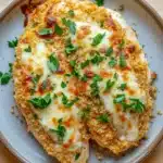 Chicken breast bake - the image shows a plate of food, specifically a piece of breaded chicken. the chicken is golden brown and appears to be seasoned with herbs and spices. the top of the chicken is covered in a layer of melted cheese, which is melted and bubbly. the plate is made of a light-colored ceramic or porcelain material and is sitting on a wooden table. there are a few sprigs of fresh herbs scattered around the plate, adding a pop of green color to the dish.