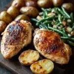 Chicken breast dinner - the image shows a wooden cutting board with two pieces of grilled chicken breast on it. the chicken breast is golden brown and appears to be seasoned with herbs and spices. next to the chicken breast, there is a serving of roasted potatoes and green beans. the potatoes are small and round, and the green beans are bright green. the cutting board is placed on a dark wooden table.