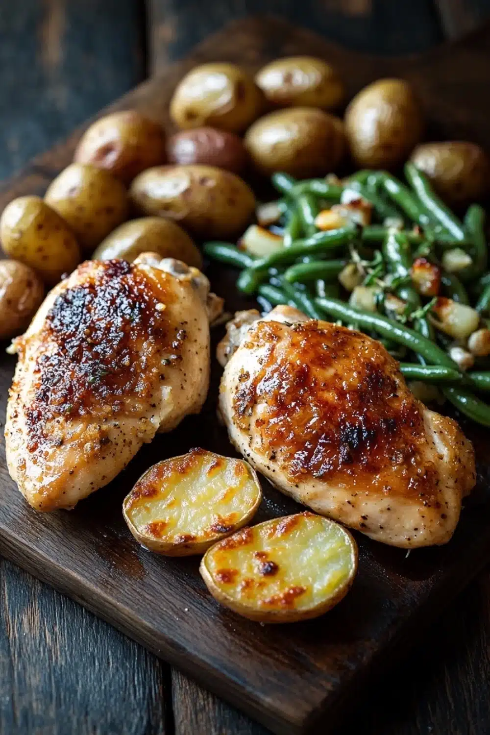 Chicken breast dinner - the image shows a wooden cutting board with two pieces of grilled chicken breast on it. the chicken breast is golden brown and appears to be seasoned with herbs and spices. next to the chicken breast, there is a serving of roasted potatoes and green beans. the potatoes are small and round, and the green beans are bright green. the cutting board is placed on a dark wooden table.