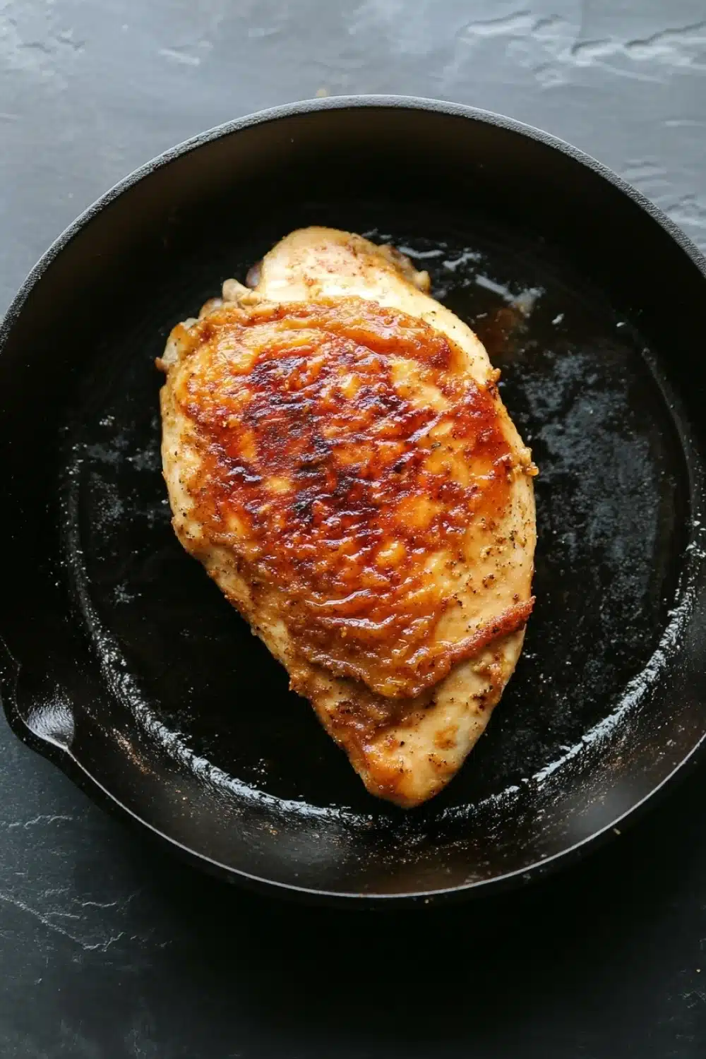 Chicken breast in cast iron skillet - the image shows a piece of cooked chicken in a black cast iron skillet. the chicken appears to be seasoned with herbs and spices, giving it a golden brown color. the skillet is sitting on a dark grey countertop, and the chicken is glistening with oil. the overall appearance of the dish is savory and appetizing.