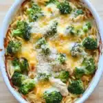 Chicken broccoli casserole with orzo - the image shows a white ceramic casserole dish filled with a dish of pasta and broccoli. the pasta appears to be fusilli, which is a type of spiral-shaped pasta, and it is topped with melted cheese and grated parmesan cheese. the broccoli is bright green and looks fresh and healthy. the dish is sitting on a wooden cutting board.