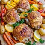 Chicken dinner sheet pan - the image shows a wooden cutting board with two whole chicken thighs on it. the chicken thighs are golden brown and appear to be seasoned with herbs and spices. they are surrounded by roasted potatoes, carrots, and bell peppers. there are also slices of lemon and parsley scattered around the board. the cutting board is placed on a wooden table.