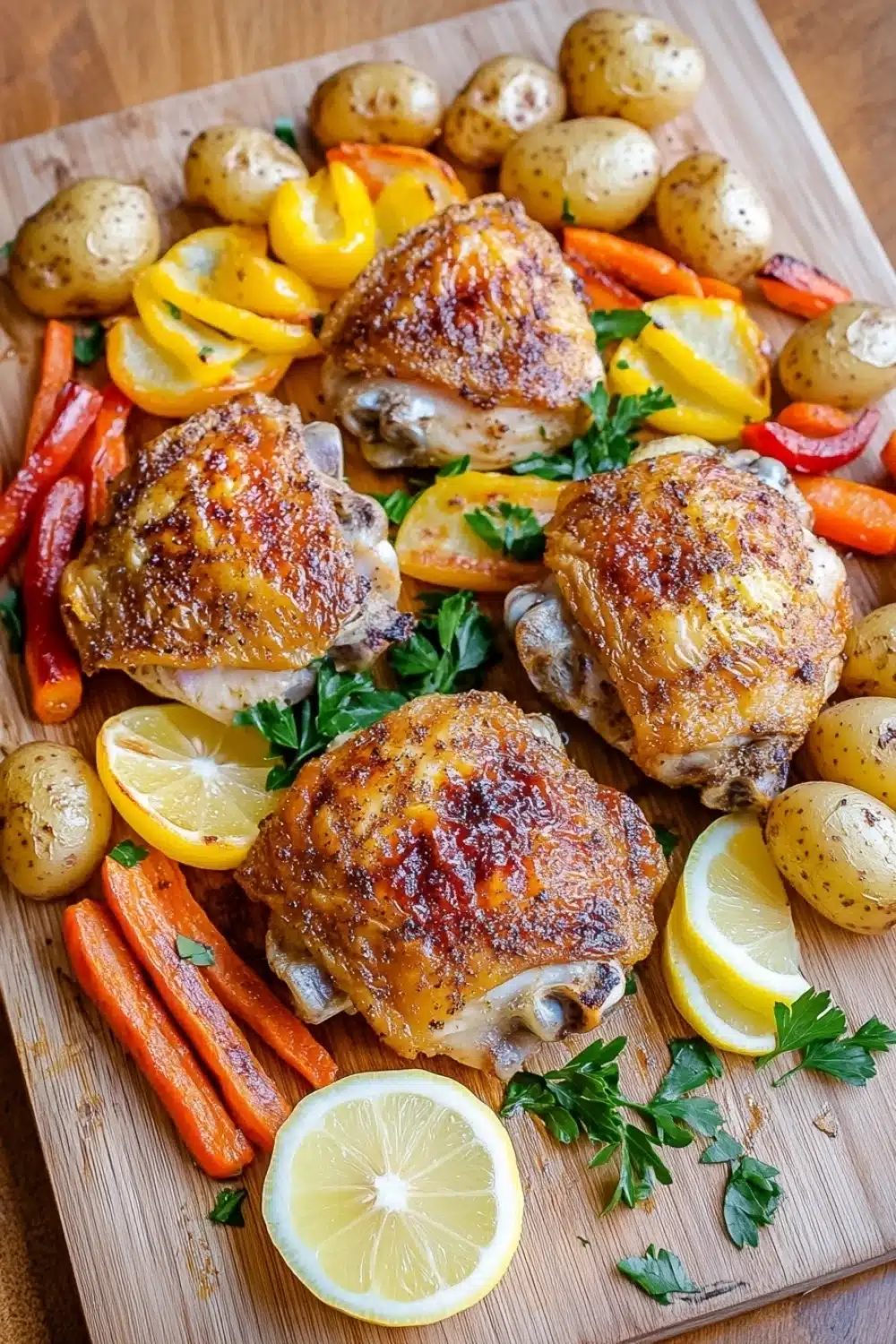 Chicken dinner sheet pan - the image shows a wooden cutting board with two whole chicken thighs on it. the chicken thighs are golden brown and appear to be seasoned with herbs and spices. they are surrounded by roasted potatoes, carrots, and bell peppers. there are also slices of lemon and parsley scattered around the board. the cutting board is placed on a wooden table.