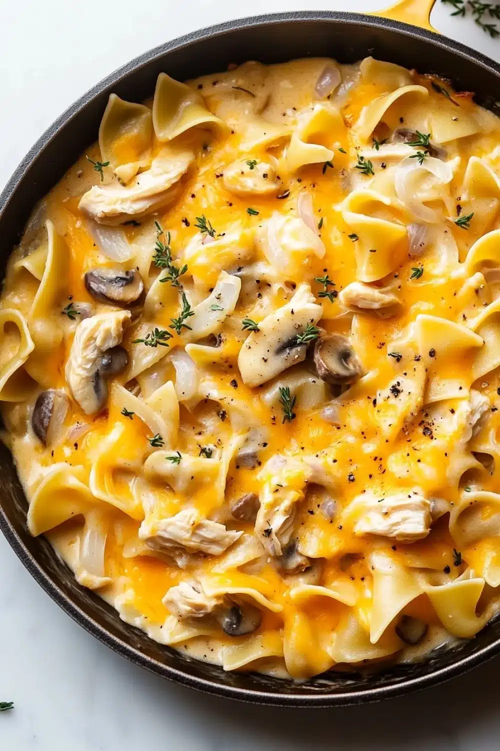 Chicken noodle casserole skillet - the image shows a skillet filled with a creamy chicken noodle casserole. the dish is made up of fettuccine noodles, chunks of chicken, and chunks of mushrooms. the noodles are cooked al dente and are covered in a yellow sauce with melted cheese and herbs sprinkled on top. the skillet is black and has a handle on one side. the background is a white marble countertop.