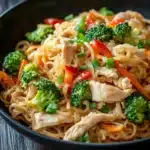 Chicken noodles low calorie - the image is a close-up of a bowl of noodles with chicken and vegetables. the noodles are light brown and appear to be stir-fry. the chicken is cut into small pieces and is mixed with various vegetables such as broccoli, carrots, and bell peppers. the vegetables are bright green and look fresh and vibrant. the dish is served in a black bowl with a wooden table in the background.