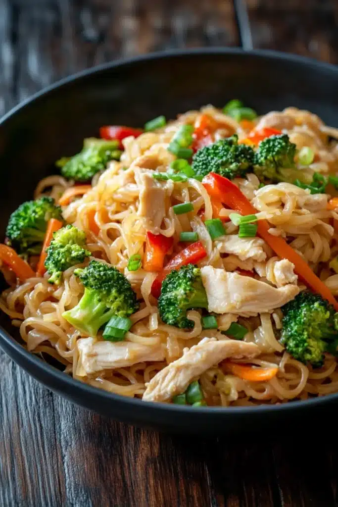 Chicken noodles low calorie - the image is a close-up of a bowl of noodles with chicken and vegetables. the noodles are light brown and appear to be stir-fry. the chicken is cut into small pieces and is mixed with various vegetables such as broccoli, carrots, and bell peppers. the vegetables are bright green and look fresh and vibrant. the dish is served in a black bowl with a wooden table in the background.