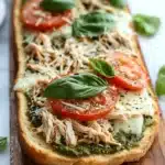 Chicken pesto french bread pizza - the image shows a wooden cutting board with a freshly baked flatbread on it. the flatbread is topped with shredded chicken, sliced tomatoes, and fresh basil leaves. the chicken appears to be cooked and has a golden brown color. the basil leaves are scattered around the flatbread, adding a pop of green color to the dish. the background is a white marble countertop.