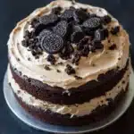 Chocolate cake oreo frosting - the image is of a round chocolate cake on a silver cake stand. the cake is covered in a light brown frosting with a swirl of cream cheese frosting on top. on top of the frosting, there are several oreo cookies arranged in a circular pattern. the cookies are dark brown in color and appear to be freshly baked. the background is a dark grey countertop.