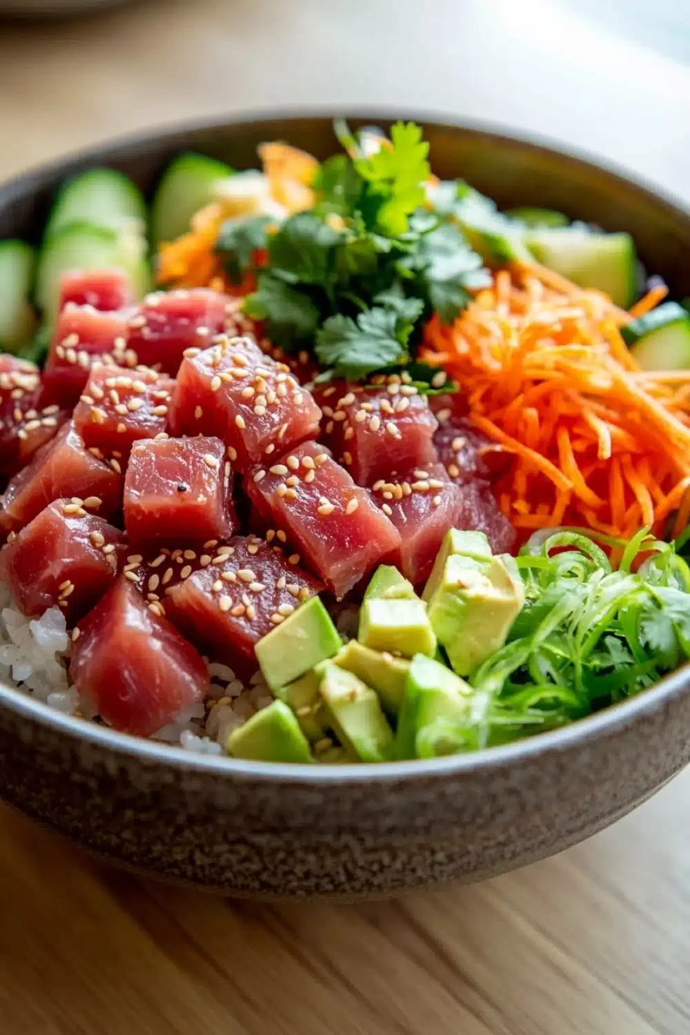 Classic tuna poke bowl - the image is a close-up of a bowl of food. the bowl is made of dark brown ceramic and is placed on a wooden table. the food in the bowl appears to be a salad with a variety of ingredients. on top of the salad, there are sliced tuna, sliced cucumbers, carrots, and avocado. the tuna is covered in sesame seeds and is arranged in a circular pattern. there are also some green herbs scattered throughout the salad. the colors of the ingredients are vibrant and the dish looks fresh and appetizing.