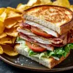 Club sandwich with chips - the image shows a sandwich on a plate with a side of potato chips. the sandwich is made with two slices of toasted bread, filled with sliced ham, lettuce, tomato, and cheese. the bread is golden brown and appears to be crispy on the outside. the chips are golden and crispy, and they are arranged in a circular pattern around the sandwich. the plate is black and the background is blurred, making the sandwich the focal point of the image.