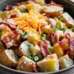 Creamy loaded baked potato salad - the image is a close-up of a bowl of potato salad. the salad is made up of diced potatoes, bacon, and shredded cheese. the potatoes are golden brown and appear to be seasoned with herbs and spices. the bacon is crispy and adds a pop of color to the dish. the cheese is melted and bubbly, and it is drizzled over the top. the bowl is black and has a speckled texture. the background is a wooden table.