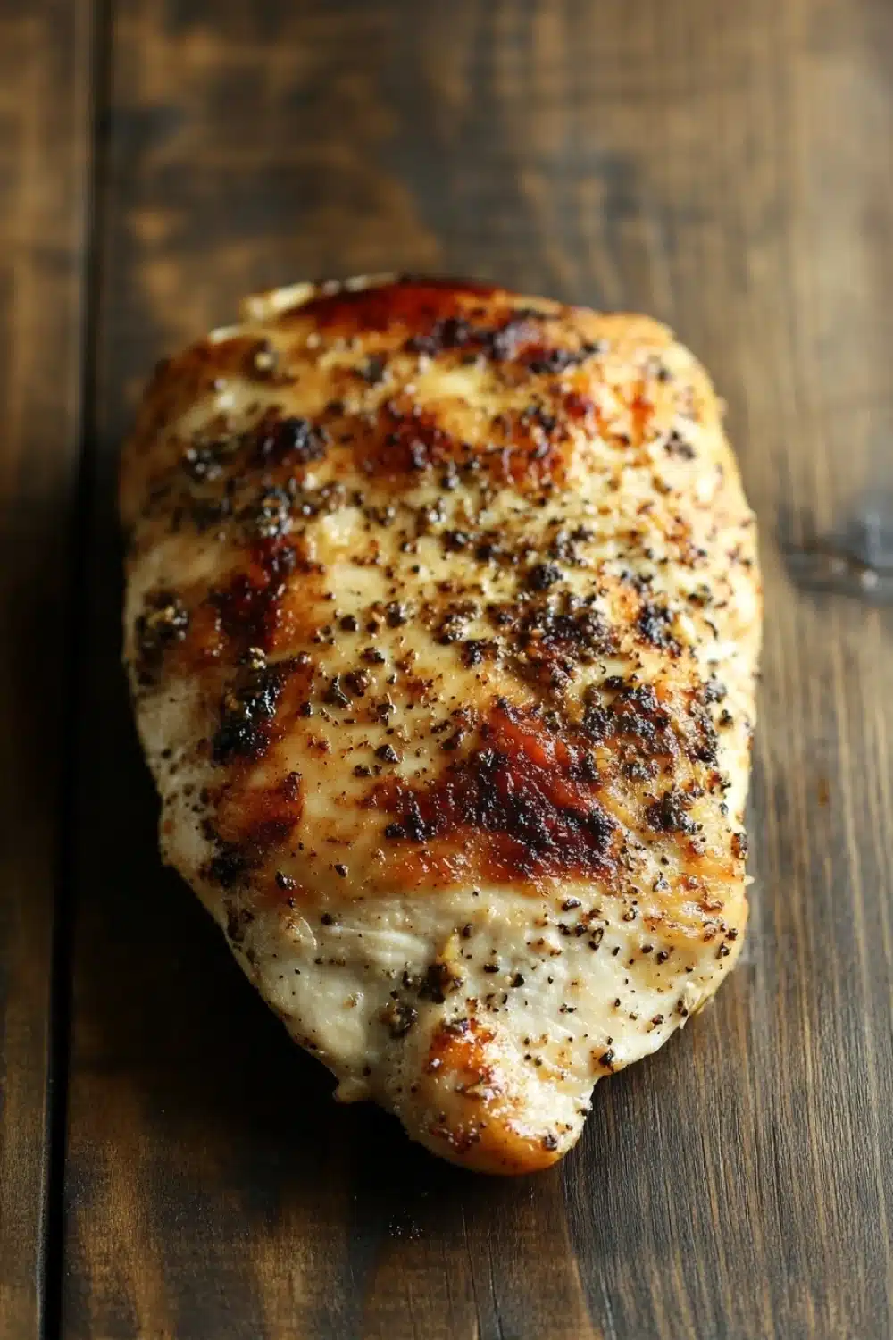 Crock pot chicken breast - the image shows a piece of grilled chicken on a wooden surface. the chicken appears to be seasoned with herbs and spices, giving it a golden brown color. the skin of the chicken is crispy and golden brown, indicating that it has been cooked to perfection. the wooden surface has a rustic and weathered appearance, with visible grain and knots. the background is blurred, making the chicken the focal point of the image.