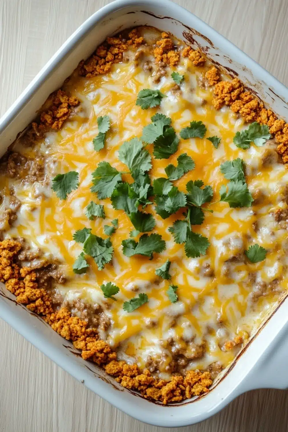 Dorito casserole freezer meal - the image shows a white rectangular baking dish filled with a casserole dish. the dish appears to be made with ground beef, cheese, and other ingredients. the top of the dish is covered in a layer of melted cheese, which is a bright yellow color. there are also a few sprigs of fresh cilantro scattered on top, adding a pop of green color to the dish. on the side, there is a bed of orange-colored ground meat, which looks like ground beef. the casserolle dish is sitting on a wooden table.