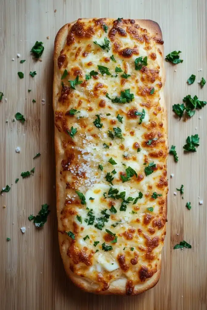 Garlic bread with pizza dough - the image shows a long, rectangular loaf of bread on a wooden cutting board. the bread appears to be freshly baked and has a golden brown crust on top. it is topped with melted cheese and fresh herbs, including chopped parsley. the cheese is melted and bubbly, and there are small pieces of bread scattered around the bread. the cutting board has a light-colored wood grain pattern, and the background is blurred, making the bread the focal point of the image.