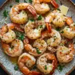 Garlic butter shrimp bake - the image shows a plate of cooked shrimp on a dark grey background. the shrimp are orange in color and appear to be seasoned with herbs and spices. they are arranged in a circular pattern on the plate, with some overlapping each other. there are also some crumbled parmesan cheese scattered around the plate. the plate is garnished with a sprig of parsley. the overall presentation of the dish is appetizing and visually appealing.